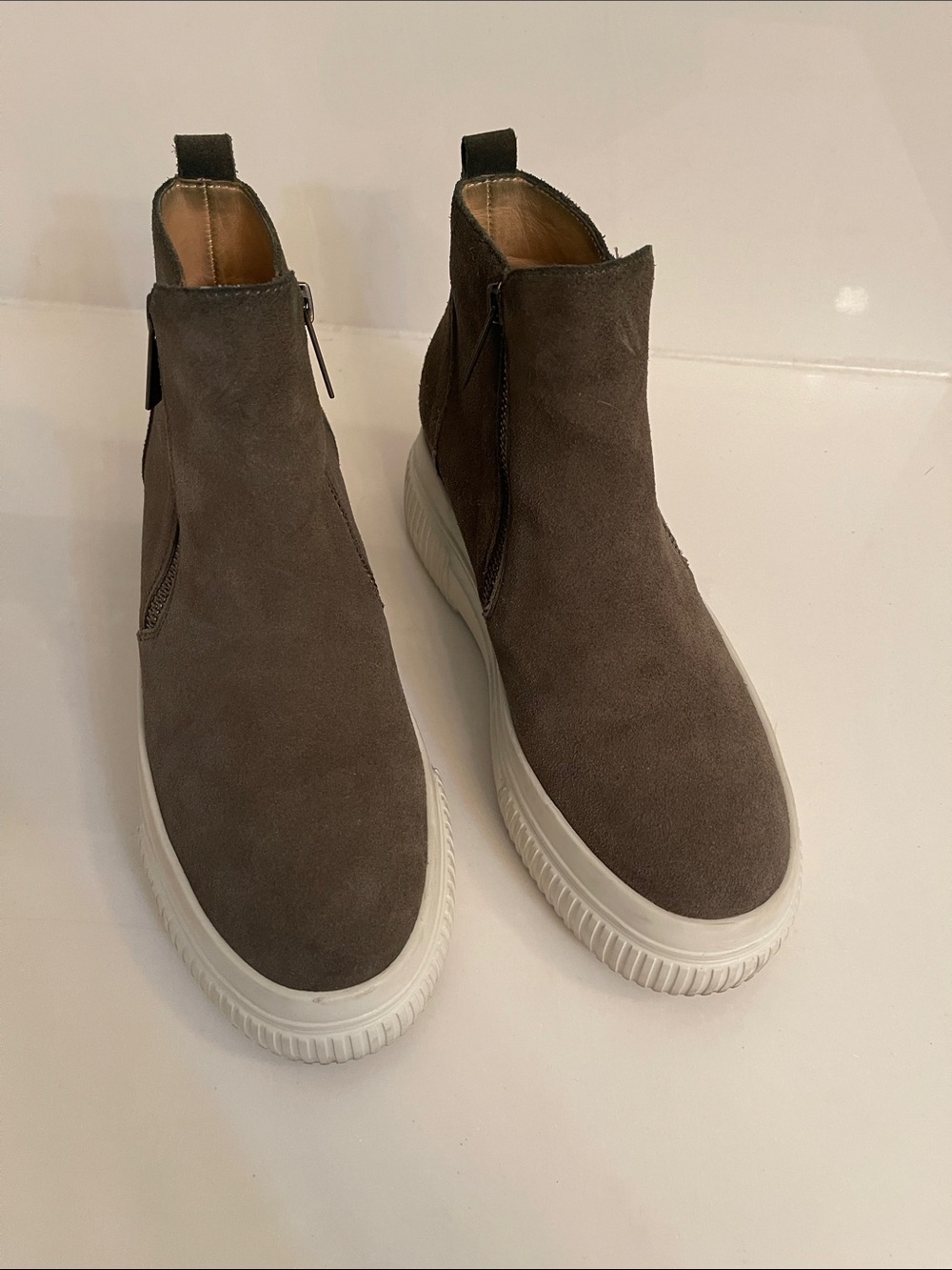 J Slides Taupe Suede Wedge Zip Bootie